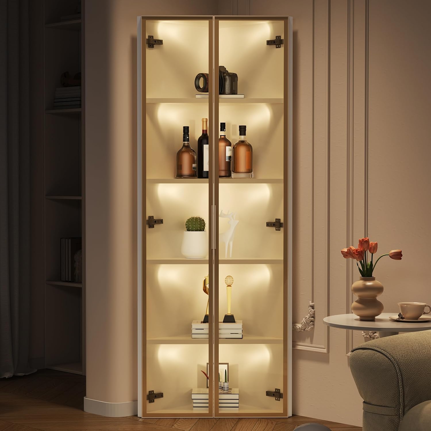 Soweiz LED-Glasvitrine 62 x 35 x 160 cm, mit integrierten Lichtleisten, Staubgeschützte Vitrine aus gehärtetem Glas–Eckschrank, Bücherregal, Weinschrank (Weiß)