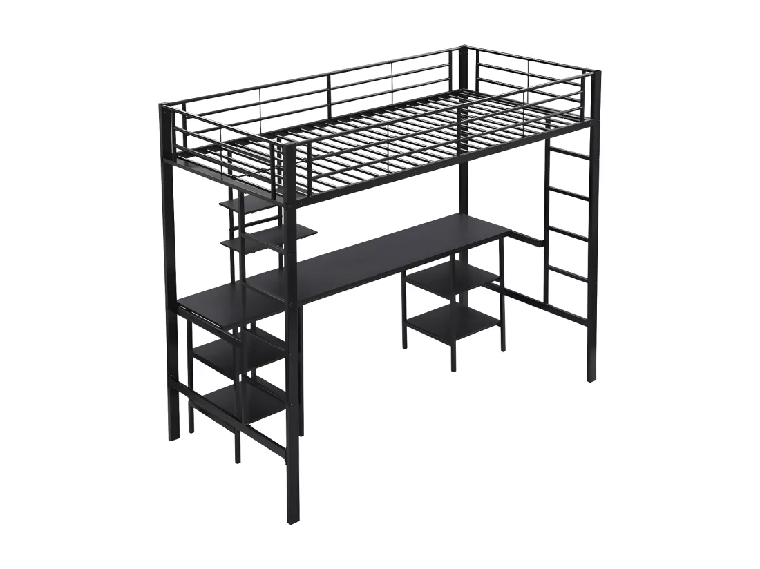 Lit mezzanine 90x200 cm - avec bureau et étagères - cadre en fer - Noir