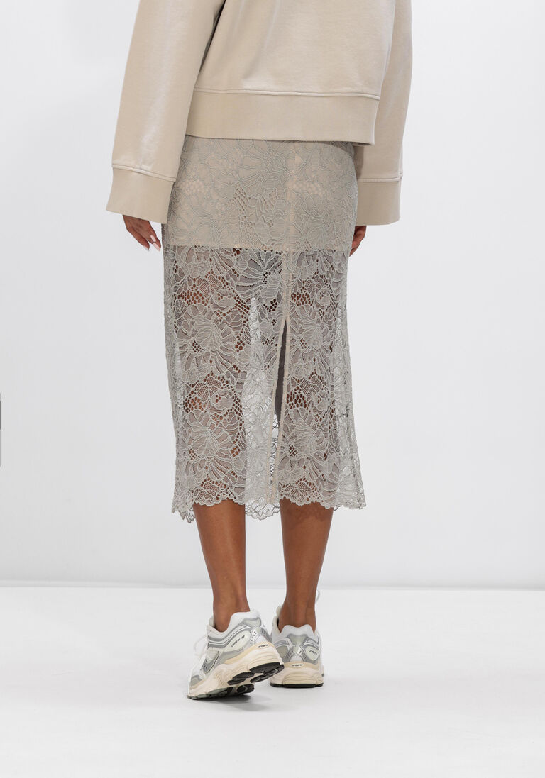lichtgrijze rotate midirok flower mesh pencil skirt