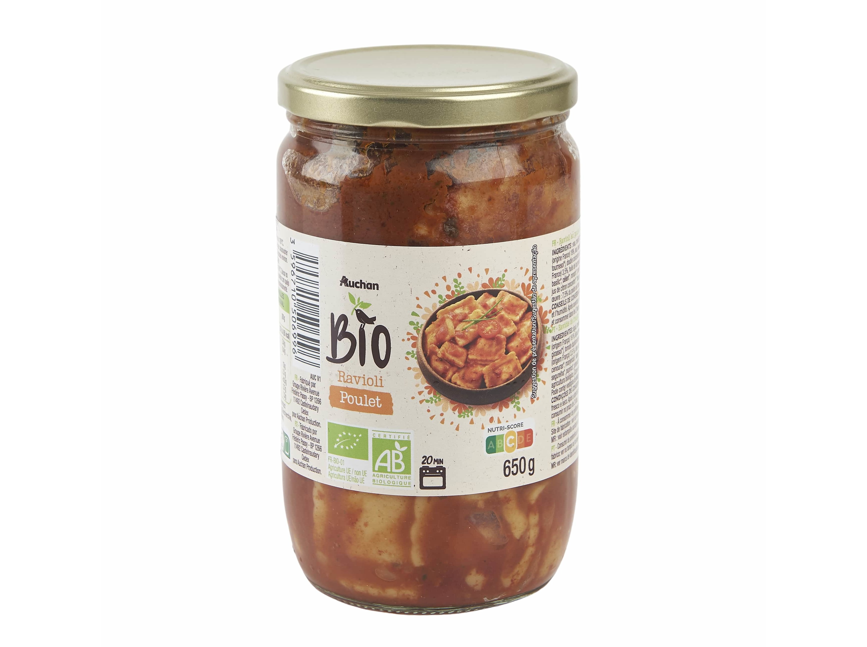 RAVIOLI AUCHAN BIO FRANGO EM FRASCO 650G