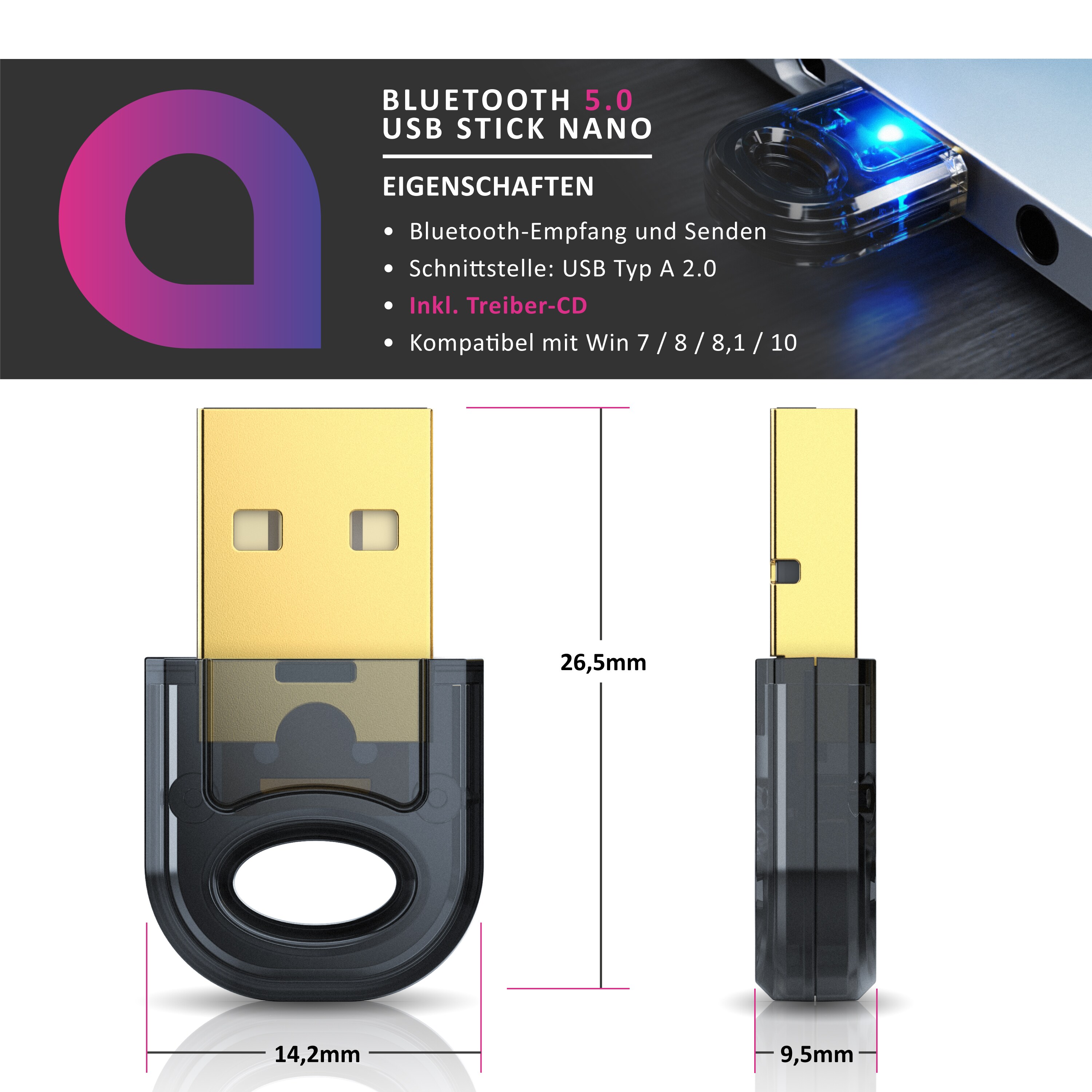 Aplic USB Bluetooth Stick 4.0 mit hoher Reichweite inklusive Treiber / Bluetooth Adapter