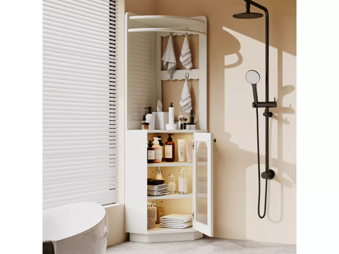 Colonne d'angle de salle de bain - 1 portes et crochets - 45x 45 x 166,5 cm - LEDs - MDF - Blanc