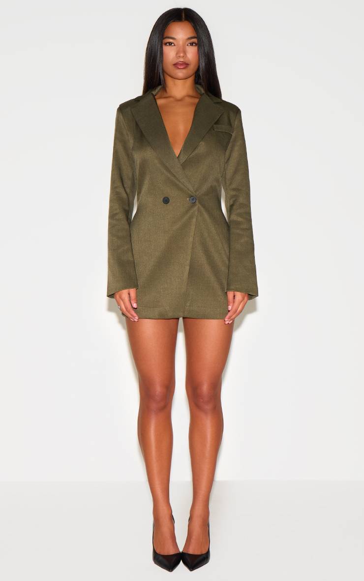 Kaki Robe Blazer Cintrée À La Taille En Tissu Tissé À Double Boutonnage