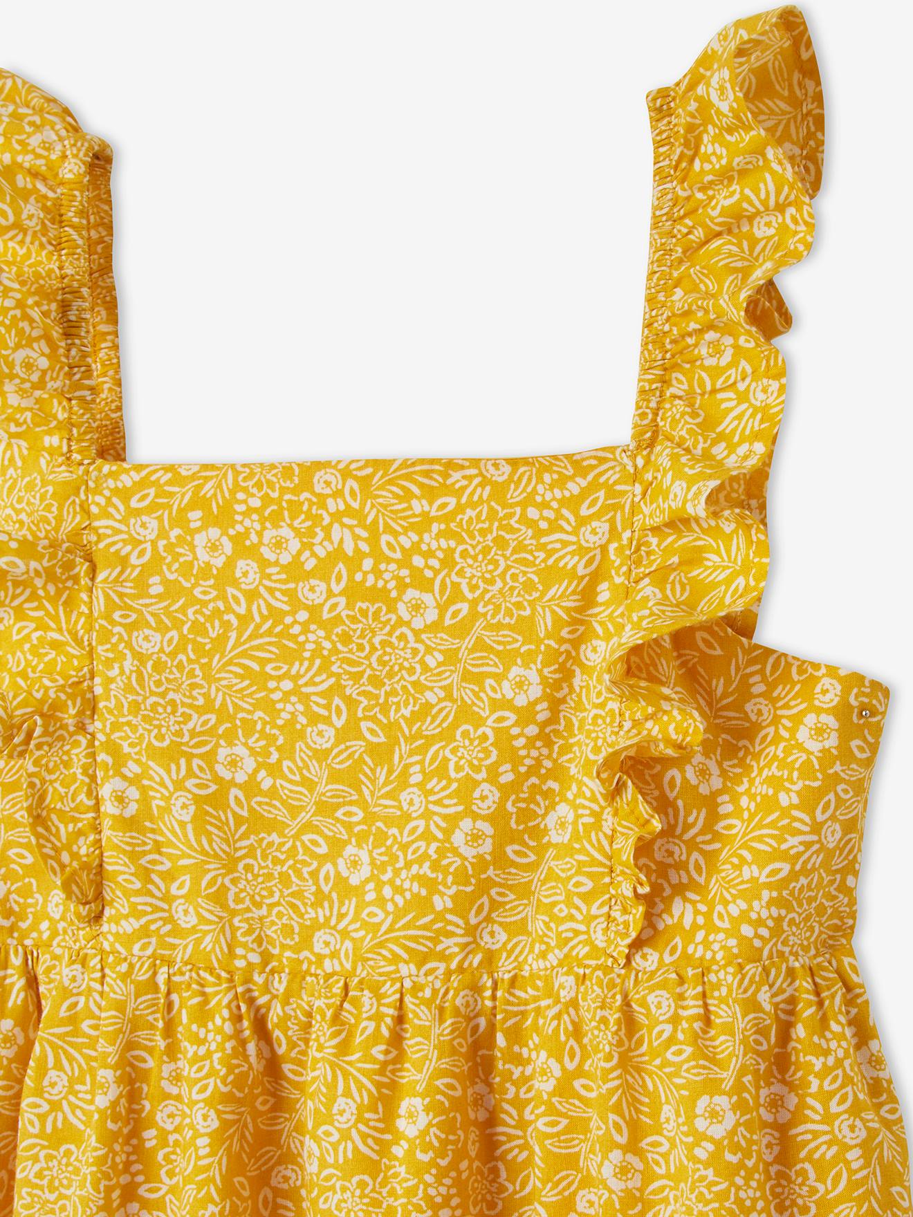 Vestido longo de alças finas com babados, para meninas, estampa amarelo escuro.
