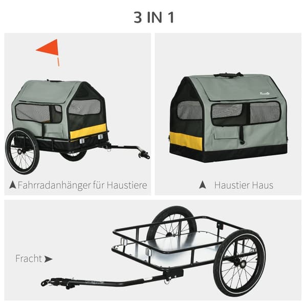 Hundehenger 3-I-1 Pet House & Cargo Trailer, Hundesykkelhenger Med Reflektorer For Små Hunder Opptil 10 Kg, Oxford, Grå