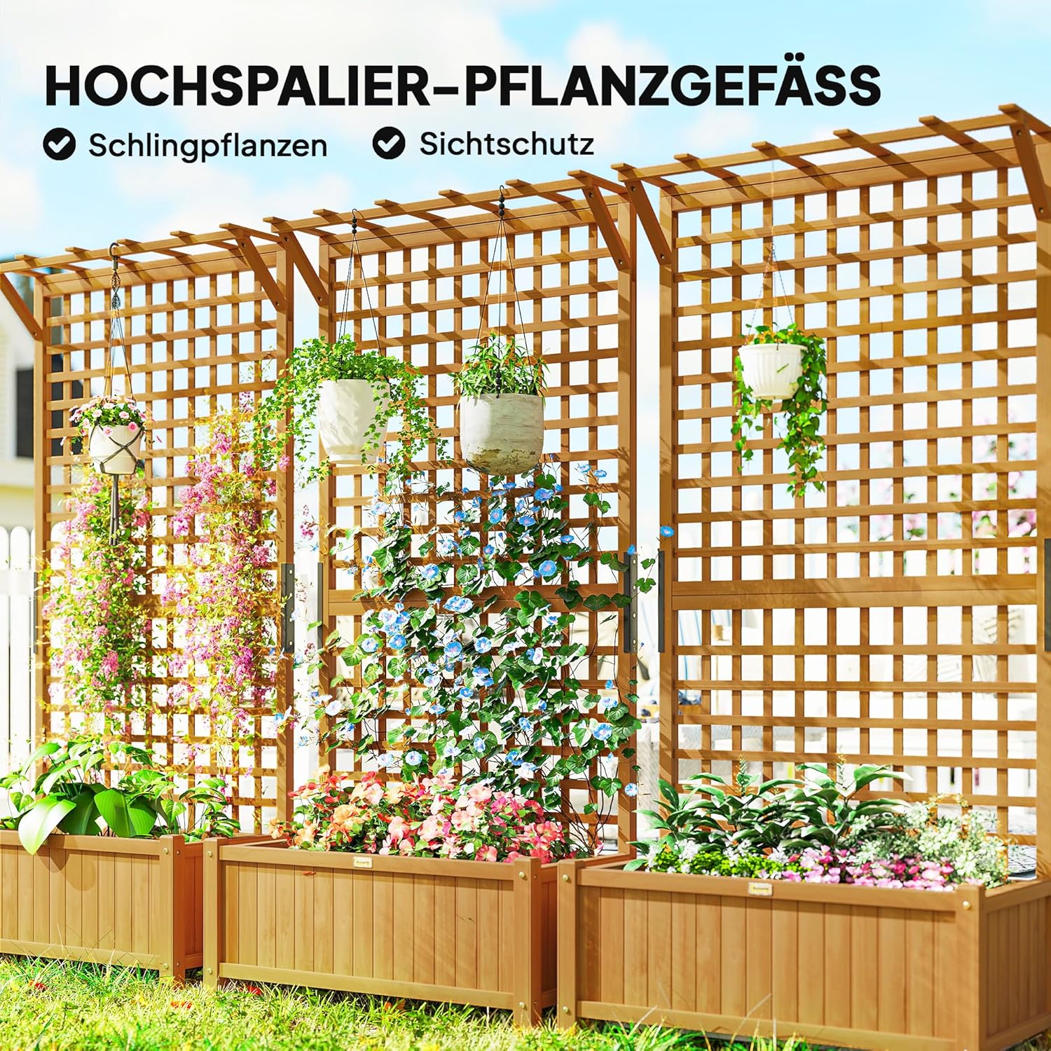 Outsunny Hochbeet Pflanzkasten mit Rankgitter, Spalier Pflanzkübel Blumenkasten Holz, Gartenspalier 90 x 45 x 183cm für Garten Balkon Terrasse, Blumenkübel für Kletterpflanzen Korbpflanzen, Blumen