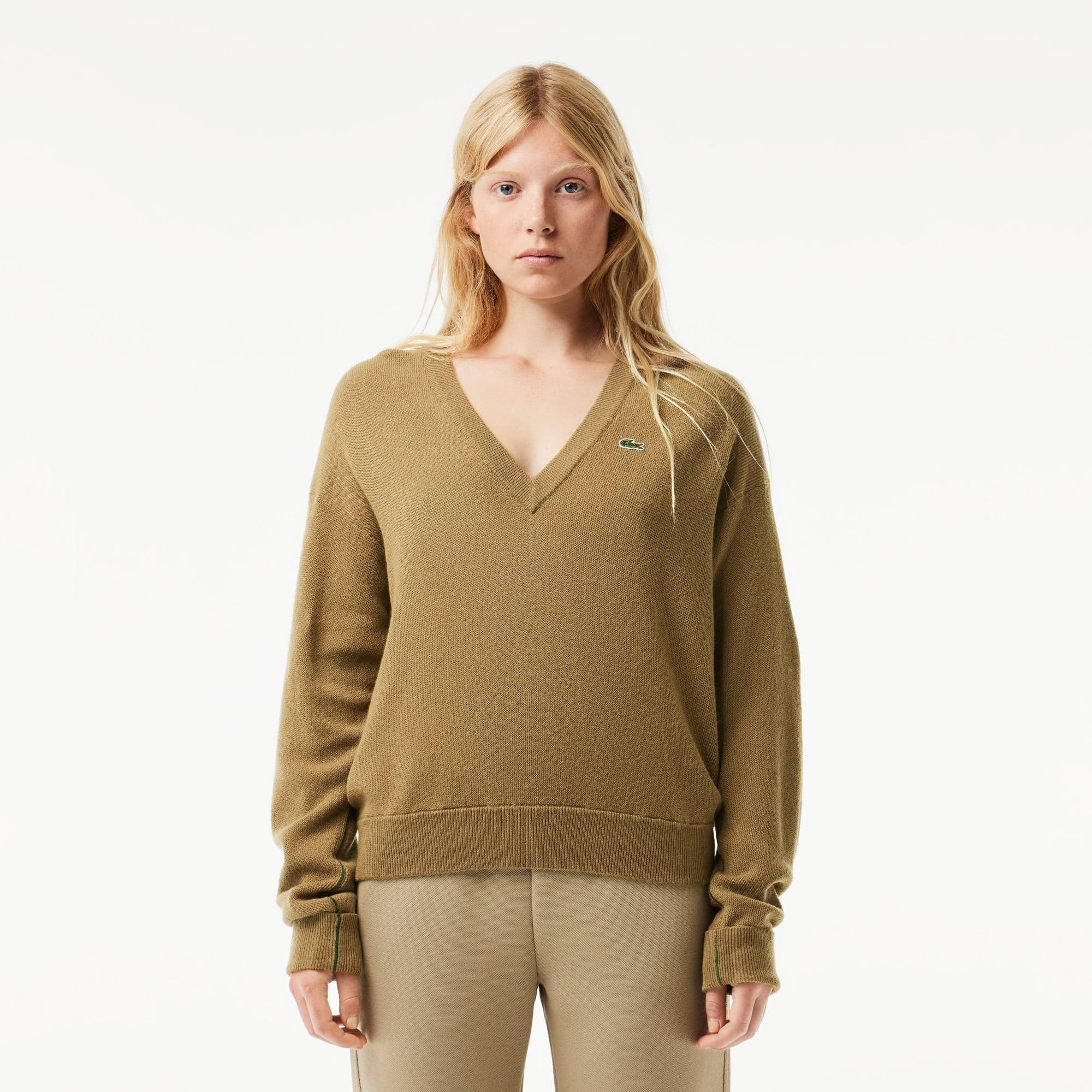 Pull femme Lacoste col en V uni en laine Pullovers - Marron - Lacoste - Femme
