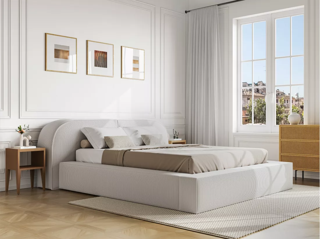 Lit coffre 180 x 200 cm - Velours côtelé - Crème - Avec matelas - LIRABA de Maison Céphy