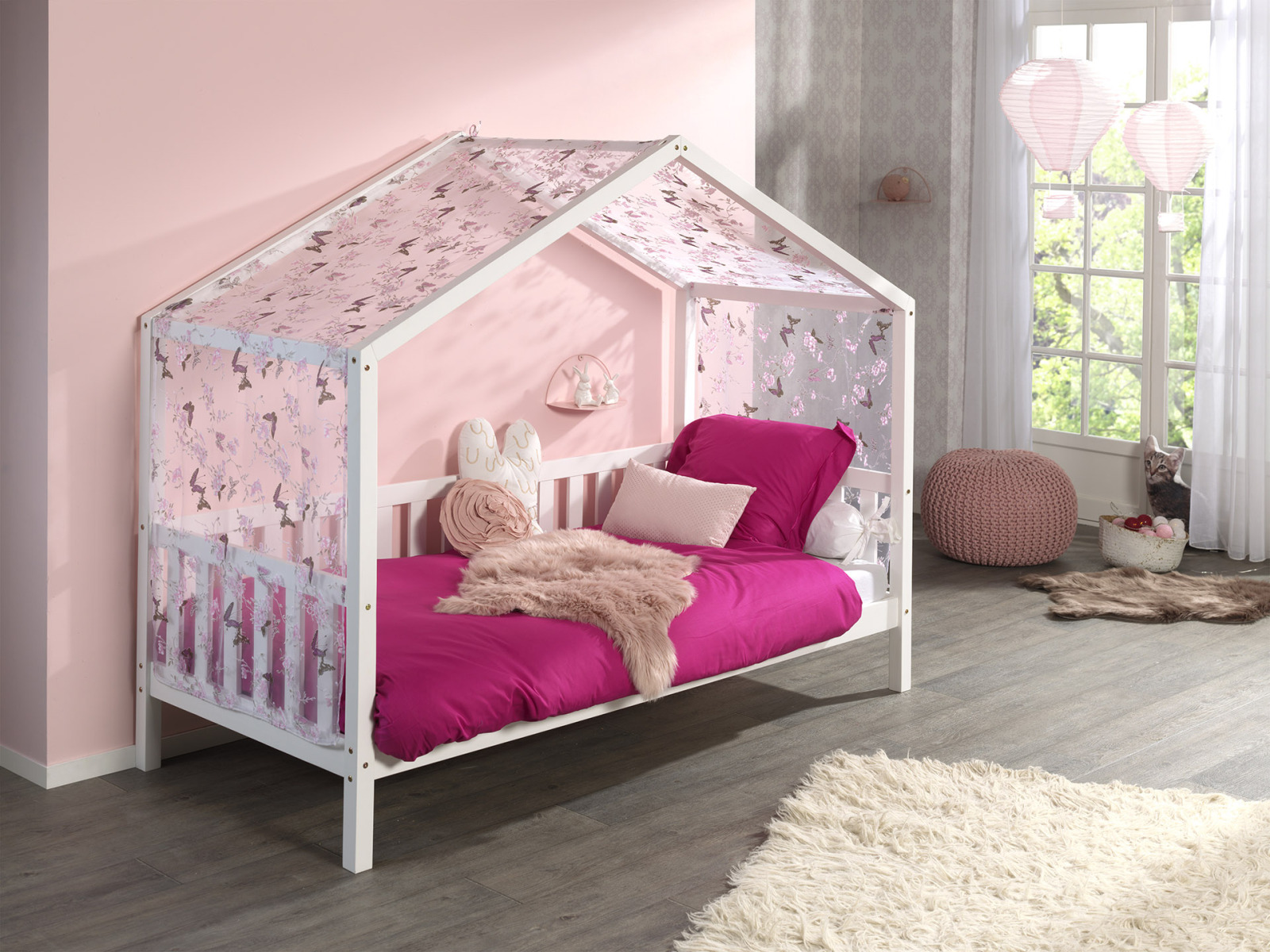 Hausbett DALLAS - weiß - Kiefer massiv - 90x200 cm - Textilhimmel