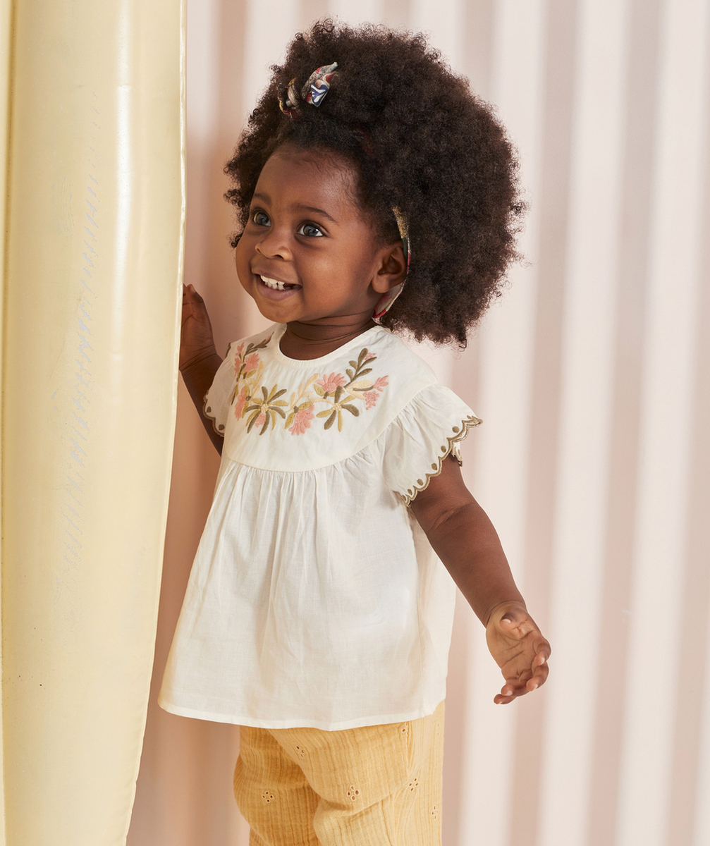 BLOUSE BÉBÉ FILLE EN COTON À MANCHES COURTES AVEC BRODERIES
