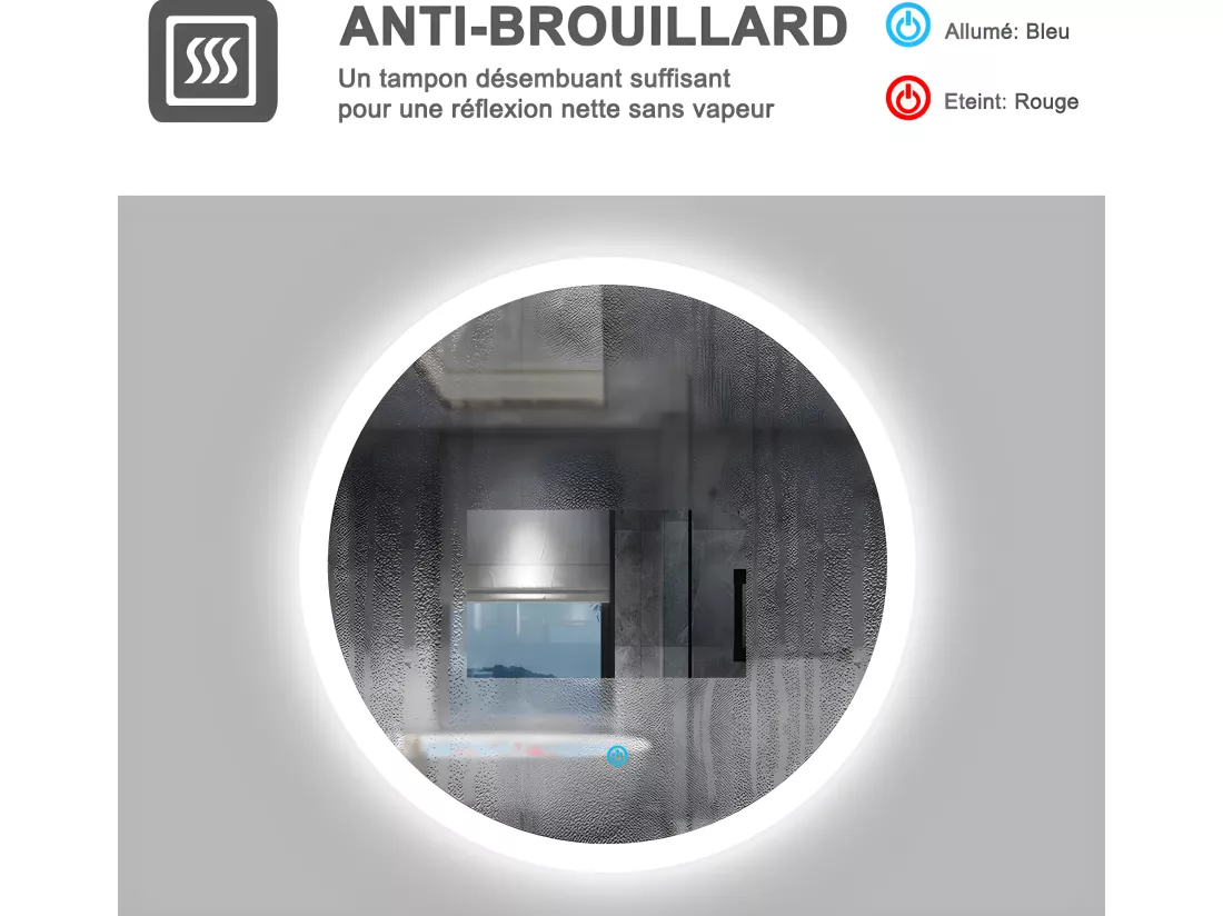 Miroir de salle de bain lumineux rond à Leds- D. 60 cm Aica