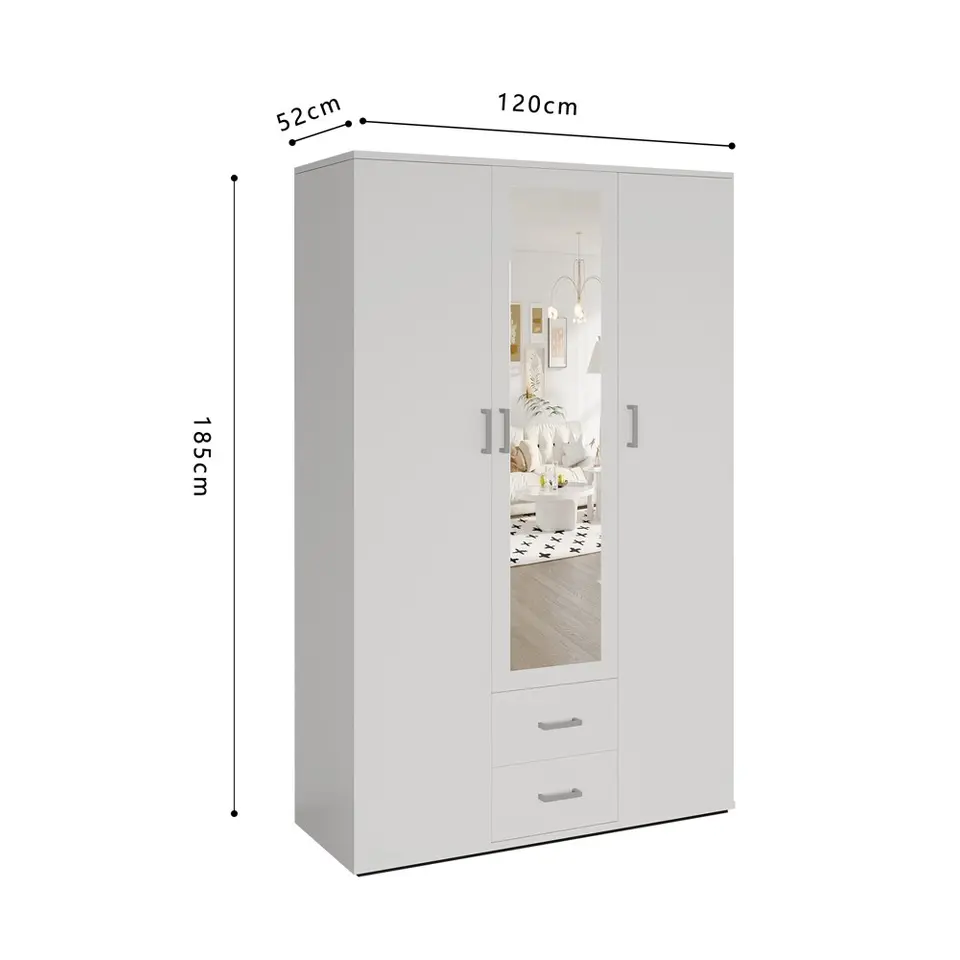 Interiax Kledingkast 'Lena' - Wit - 3 Deurs - 185x120x52cm