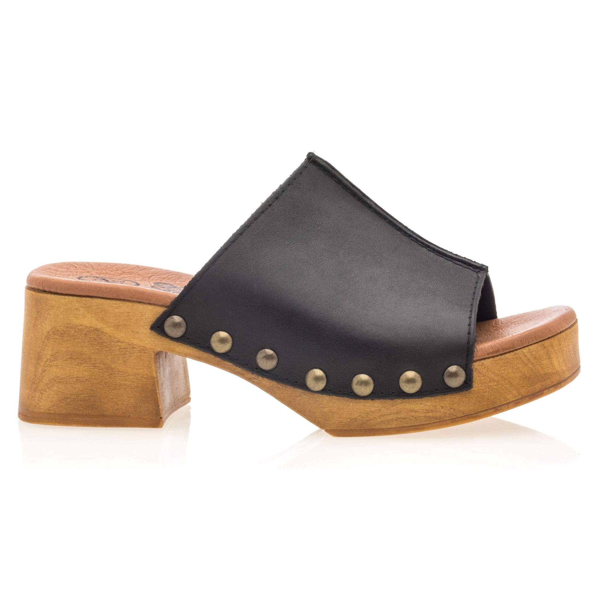 Chaussures semelle bois à talon Femme en cuir noir