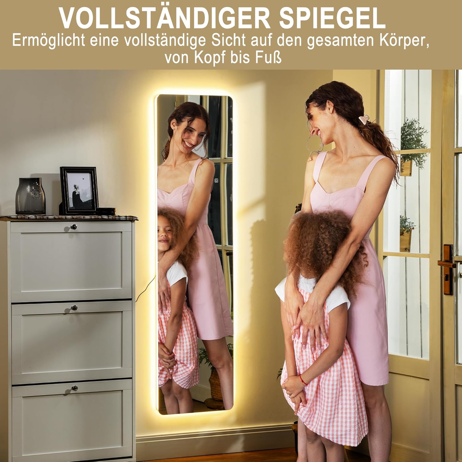 HOMCOM Ganzkörperspiegel mit LED-Beleuchtung, 150 x 40 cm Standspiegel mit 3 Lichtfarben, Wandspiegel mit Ständer, Touch-Schalter bruchsicheres Glas, Bodenspiegel für Schlafzimmer