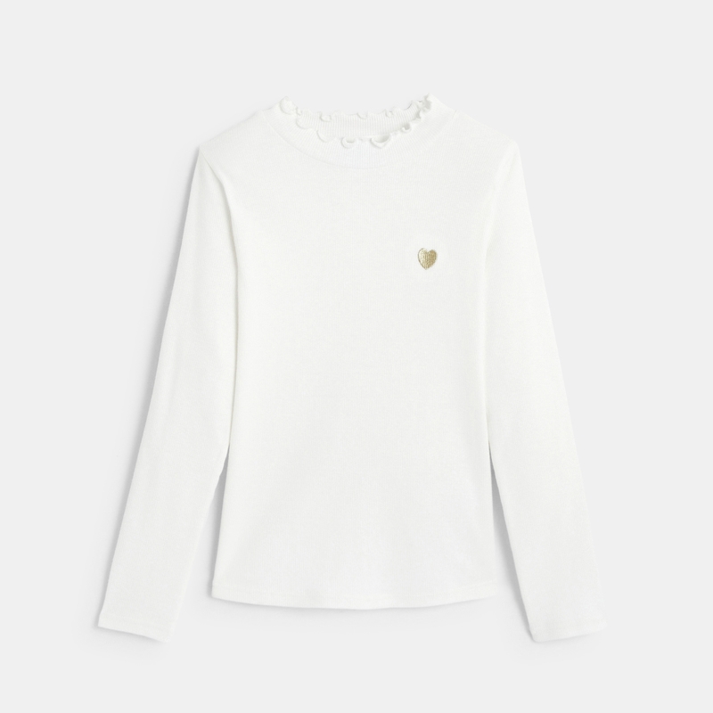 T-shirt côtelé broderie cœur blanc fille
