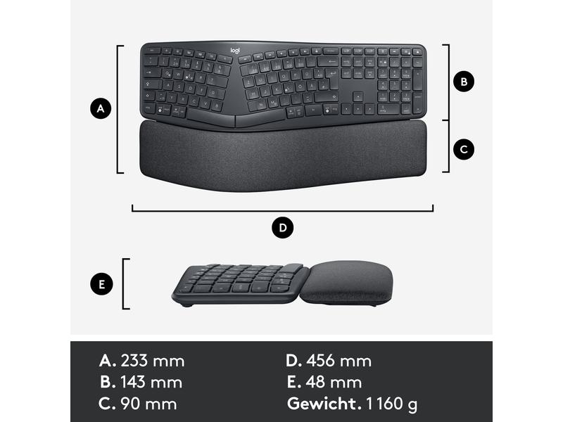 Logitech Tastatur Ergo K860 Ergonomische und kabellose Tastatur