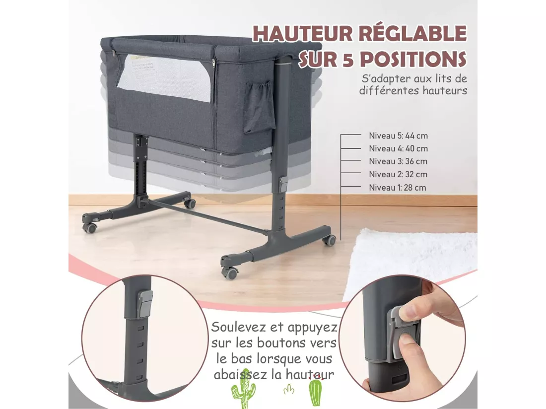 Lit Cododo Bébé 3 en 1 avec Hauteur Réglable 5 Niveaux, Lit Berceau Inclinaison de 10° avec Matelas Confortable,Maille Respirante,Charge 9KG,Sac de Voyage pour Bébé 0-5 Mois, Gris
