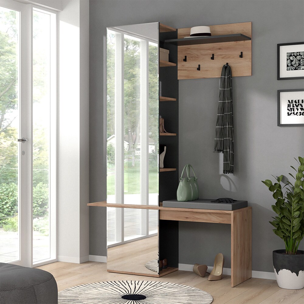 Vicco Flurgarderobe Dielengarderobe Garderobe Adeline Eiche Anthrazit Modern Sitzbank 120x190 cm Schlafzimmer Garderobenspiegel Kleiderhaken Garderobenablage Fach Regal