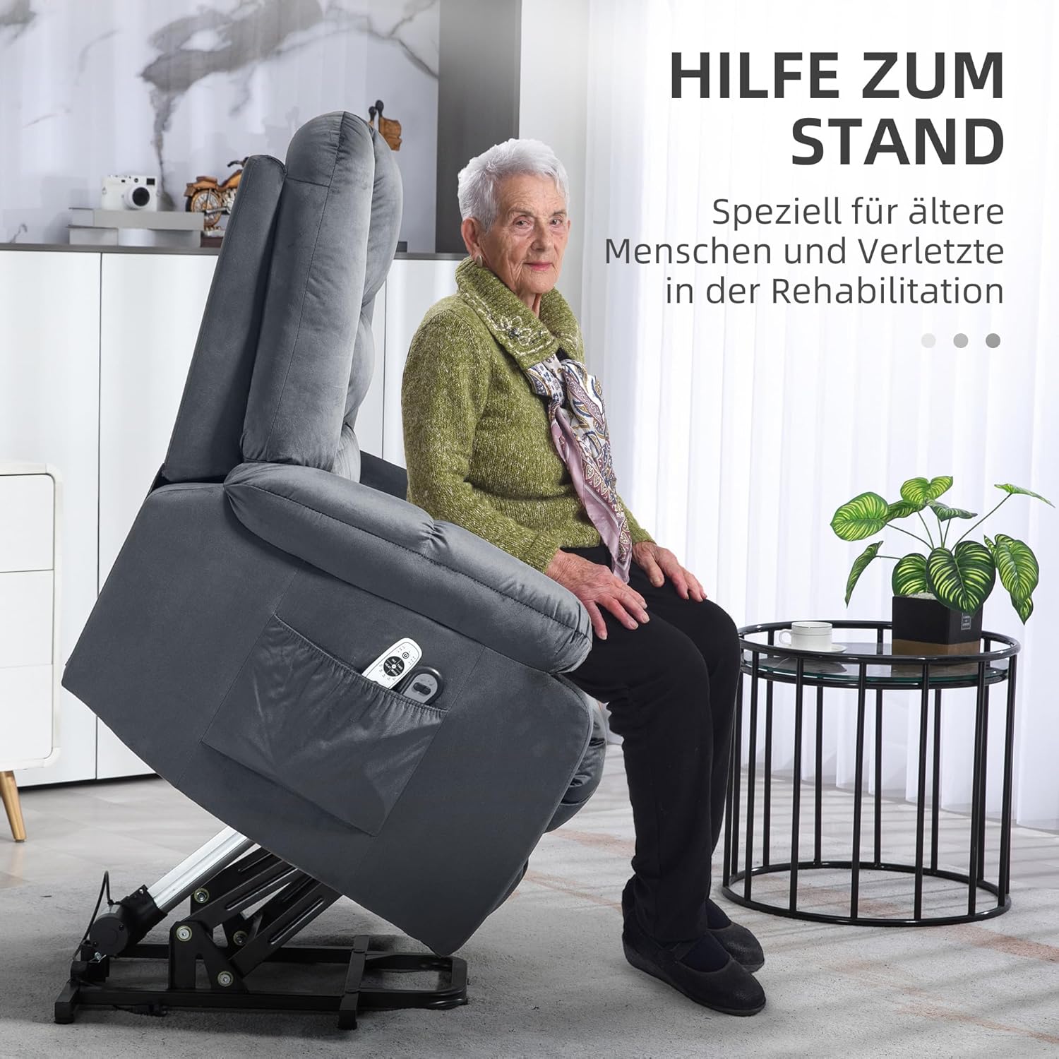 HOMCOM Fernsehsessel mit Aufstehhilfe Elektrisch Relaxsessel mit Wärmefunktion, Massagefunktion, Liegefunktion Massagesessel mit Fernbedienung, Fußteil, Seitentasche TV Sessel für Wohnzimmer Grau