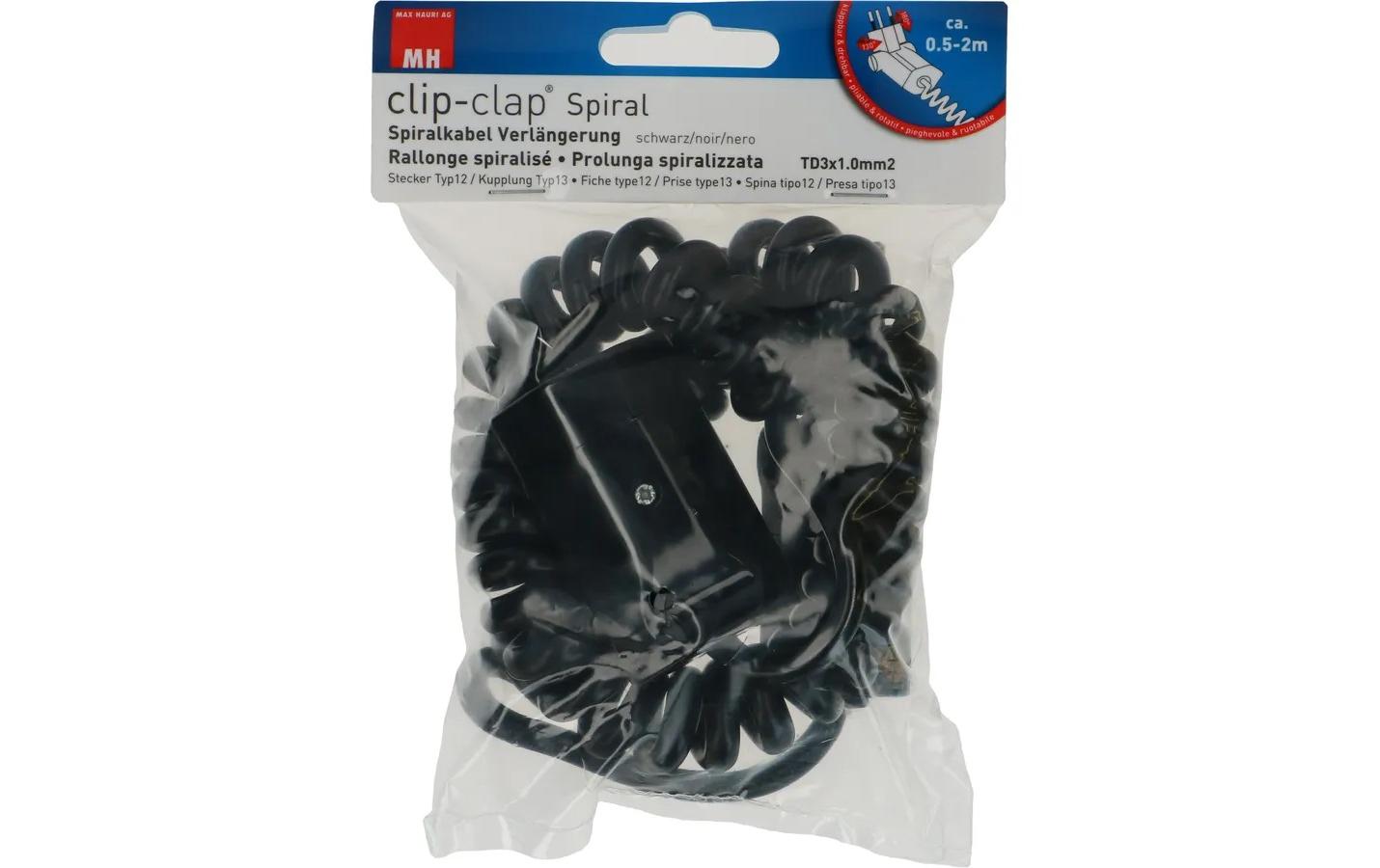 Verlängerungskabel 2 m T13 - T12 ClipClap, SchwarzSpiralverlängerungskabel mit Clip-Clap Stecker