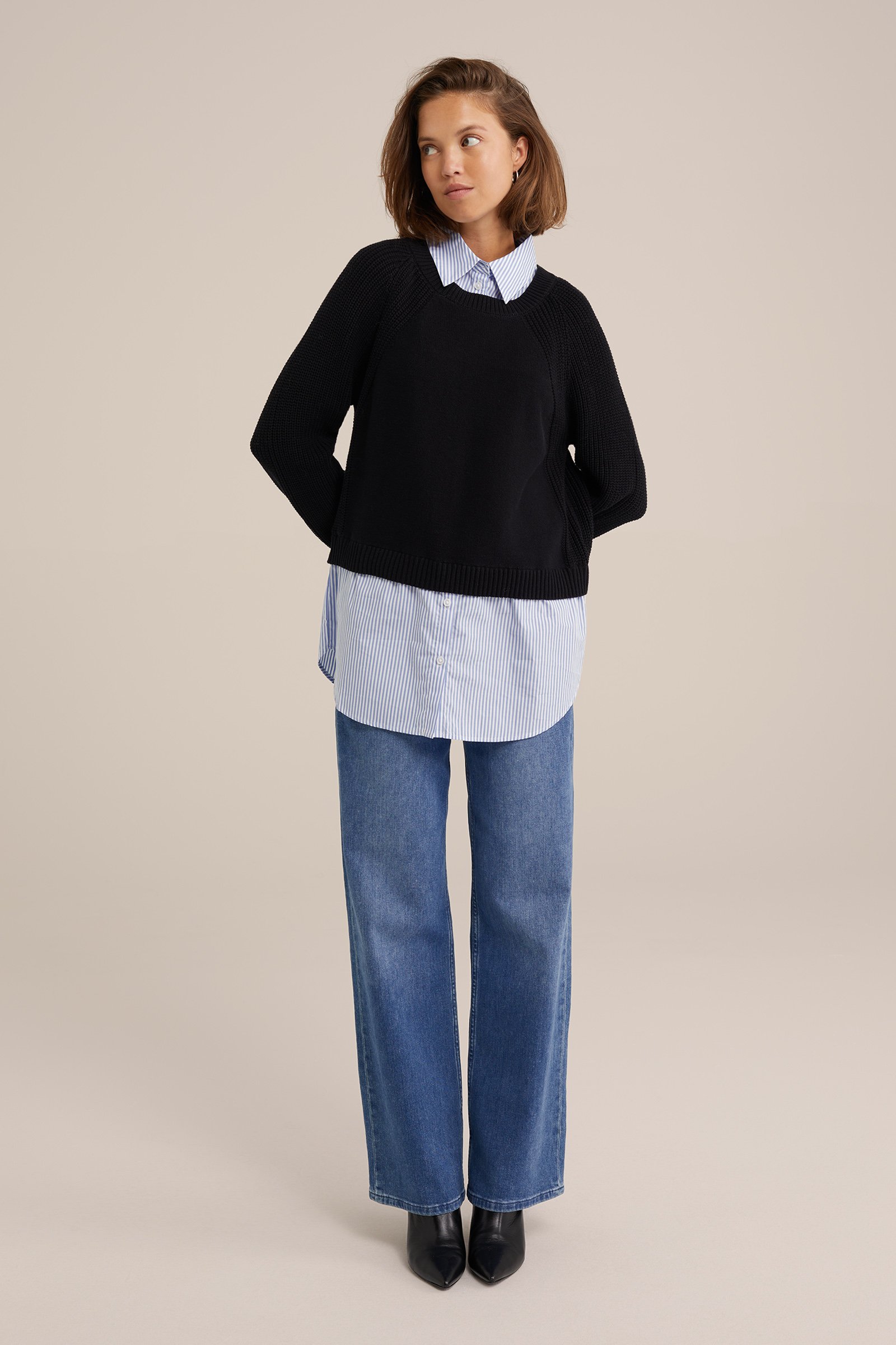 trui met overhemddetail WE Fashion Zwart