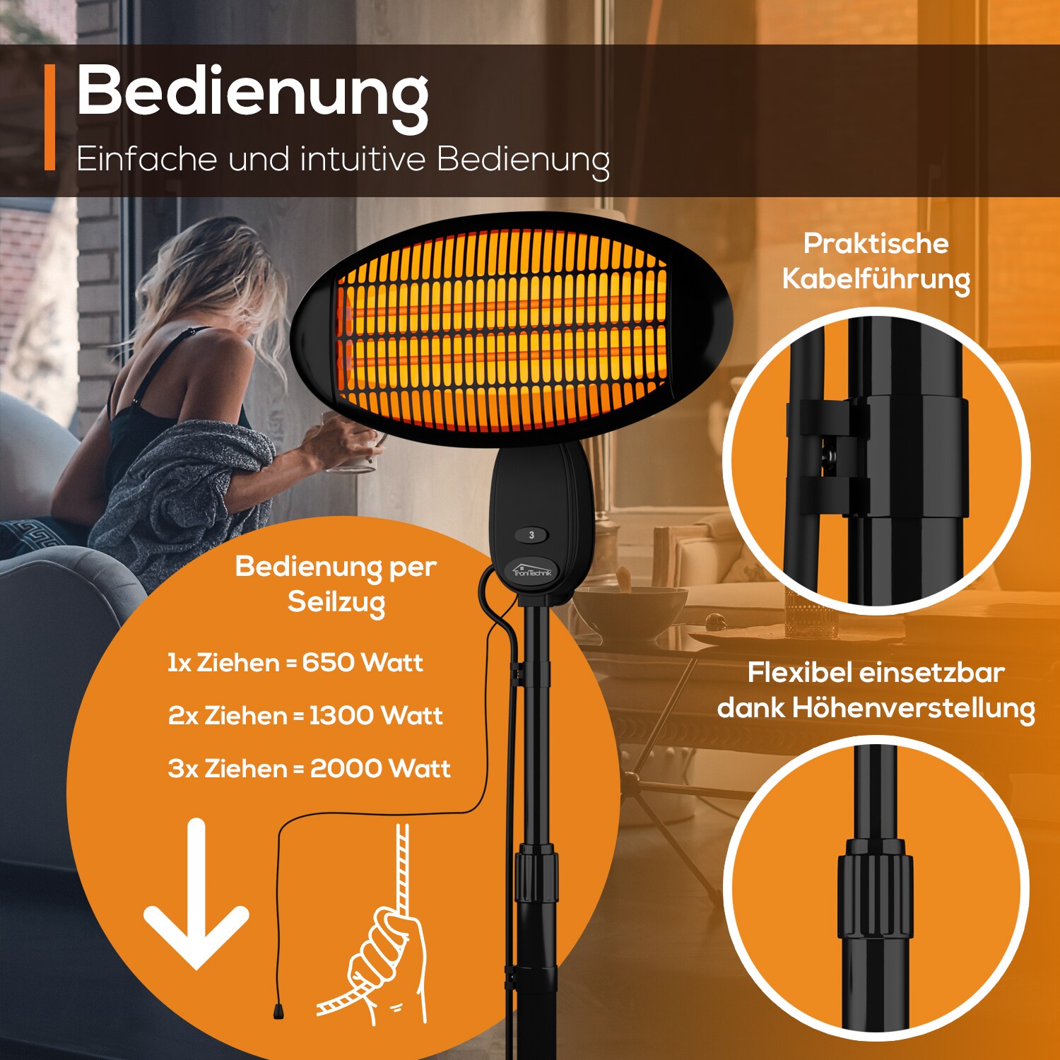 TroniTechnik® Quartz-Heizstrahler mit 3 Stufen, Standstrahler mit verstellbarer Teleskopstange und Kopf, 2000 Watt Terrasse