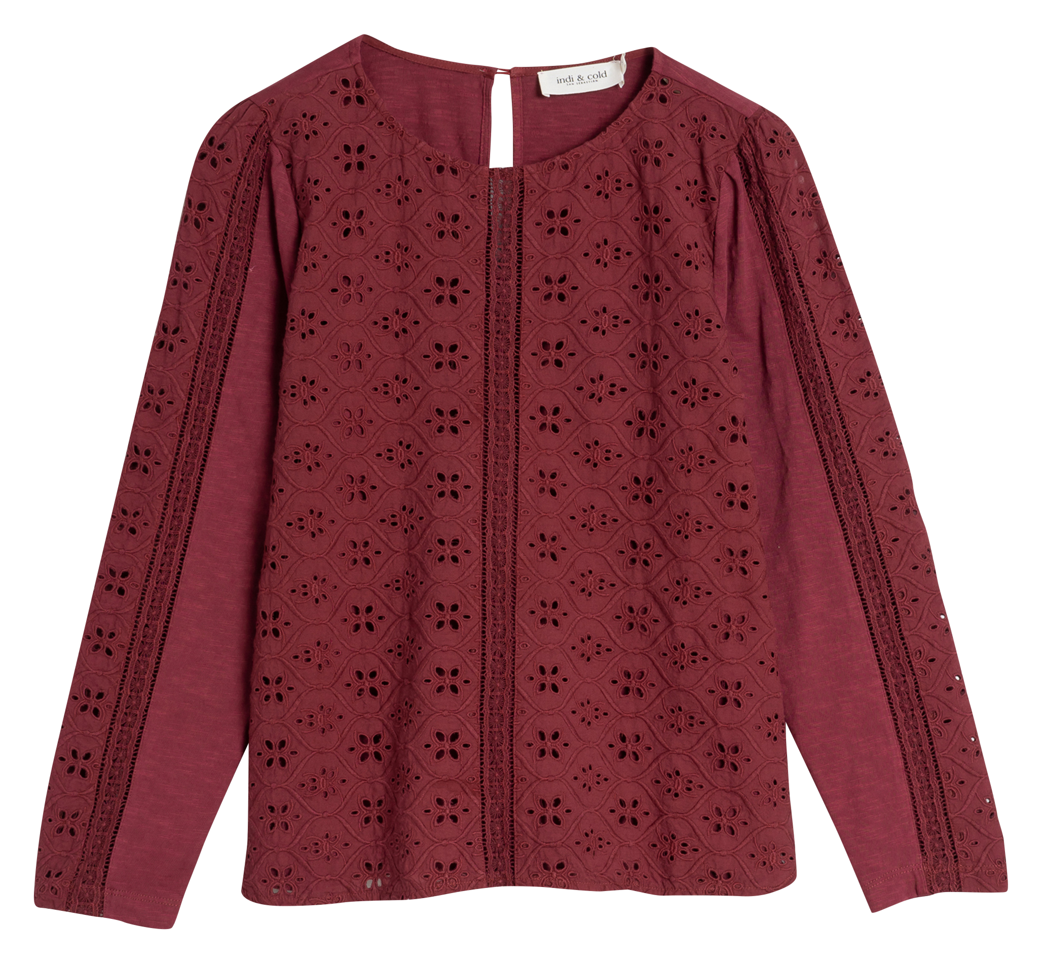 Top droit col rond brodé en coton | Rouge