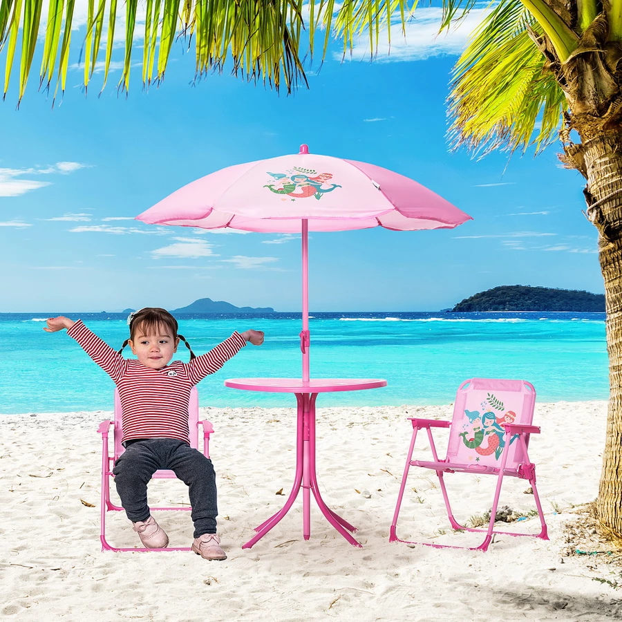 Outsunny Kindersitzgruppe mit Tisch und Sonnenschirm rosa