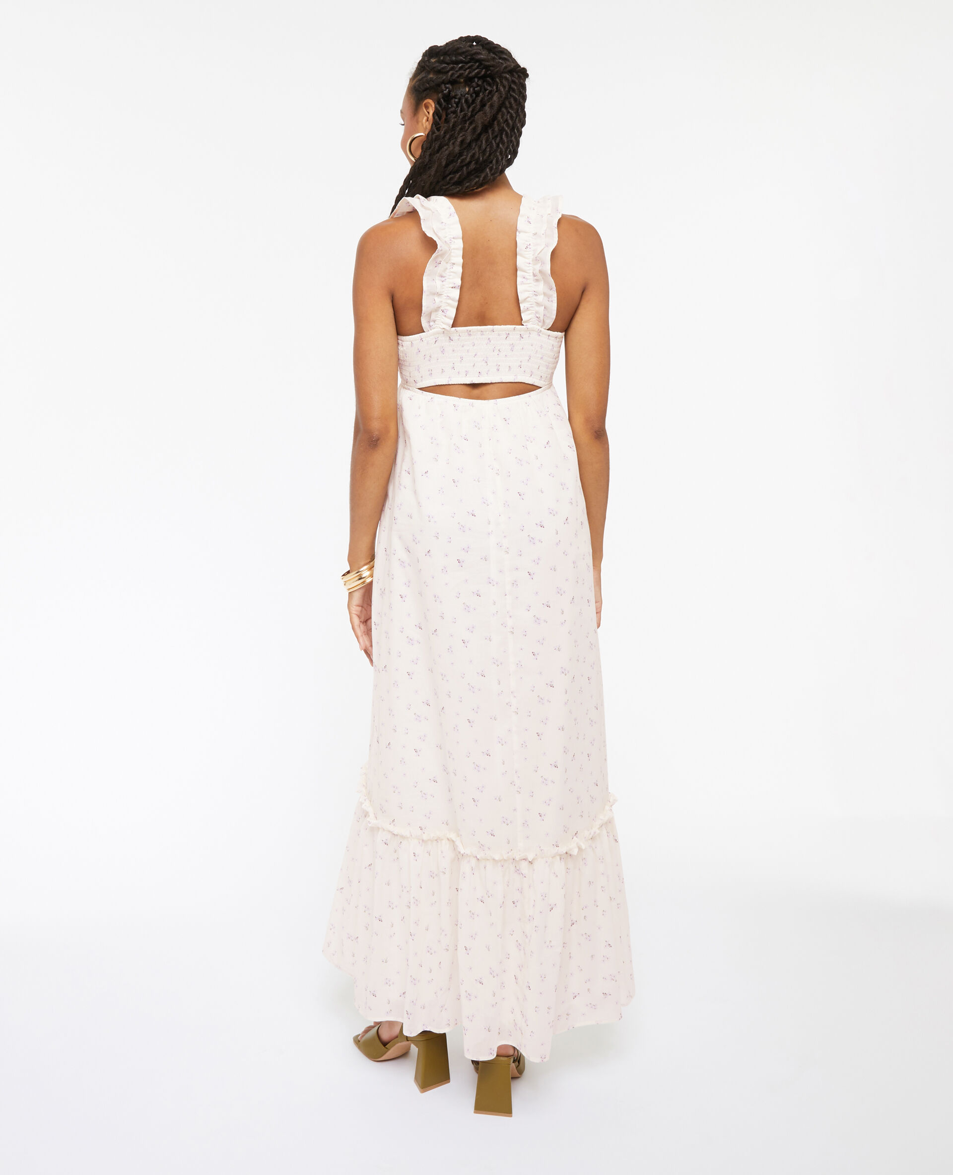 Robe longue motif fleurs avec volants - Blanc