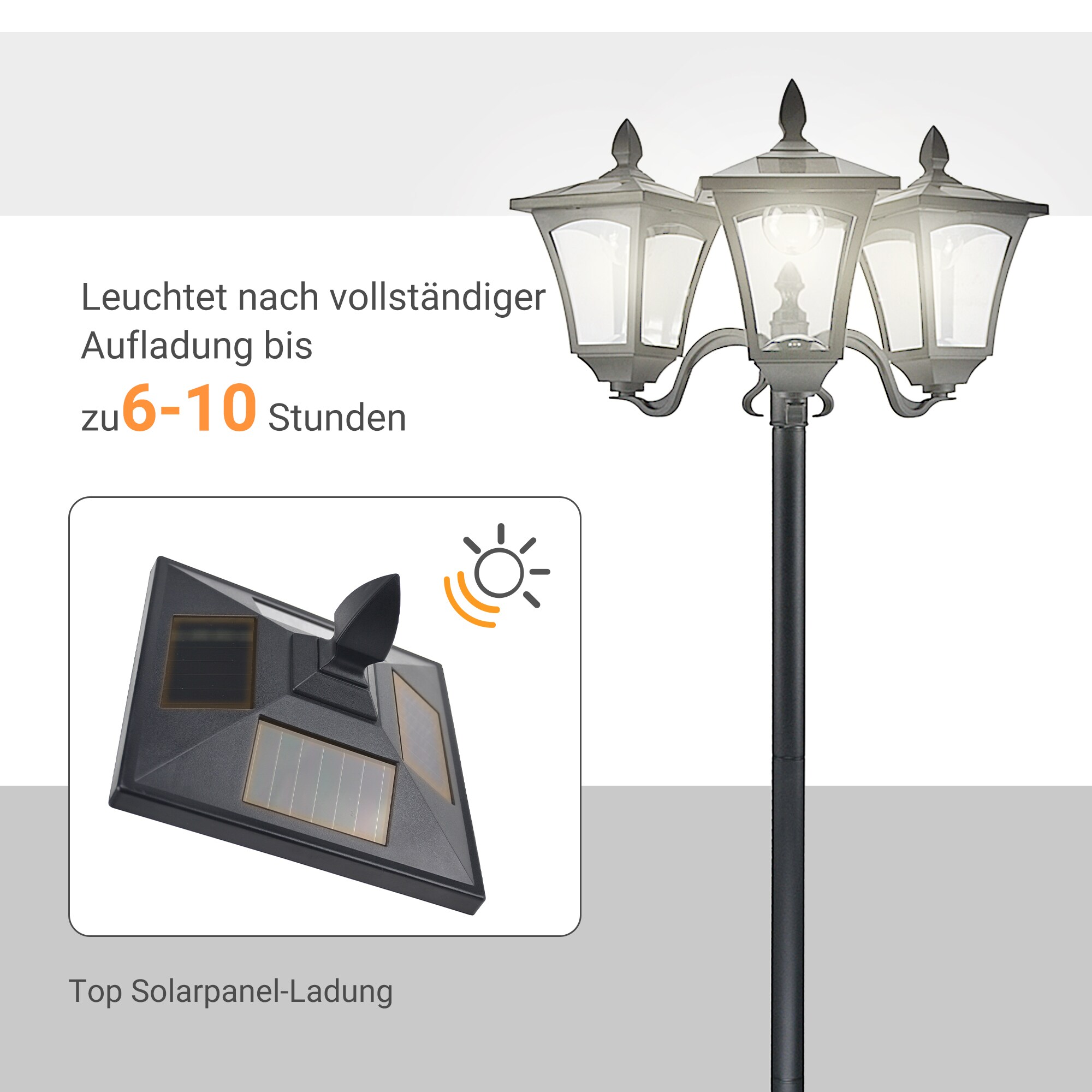 Outsunny Solar Gartenleuchte mit 3 Lampen schwarz 51,5L x 47B x 182,5H cm