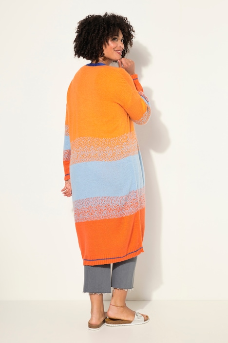 Strickjacke, offene Form, Feinstrick, Blockstreifen, Langarm