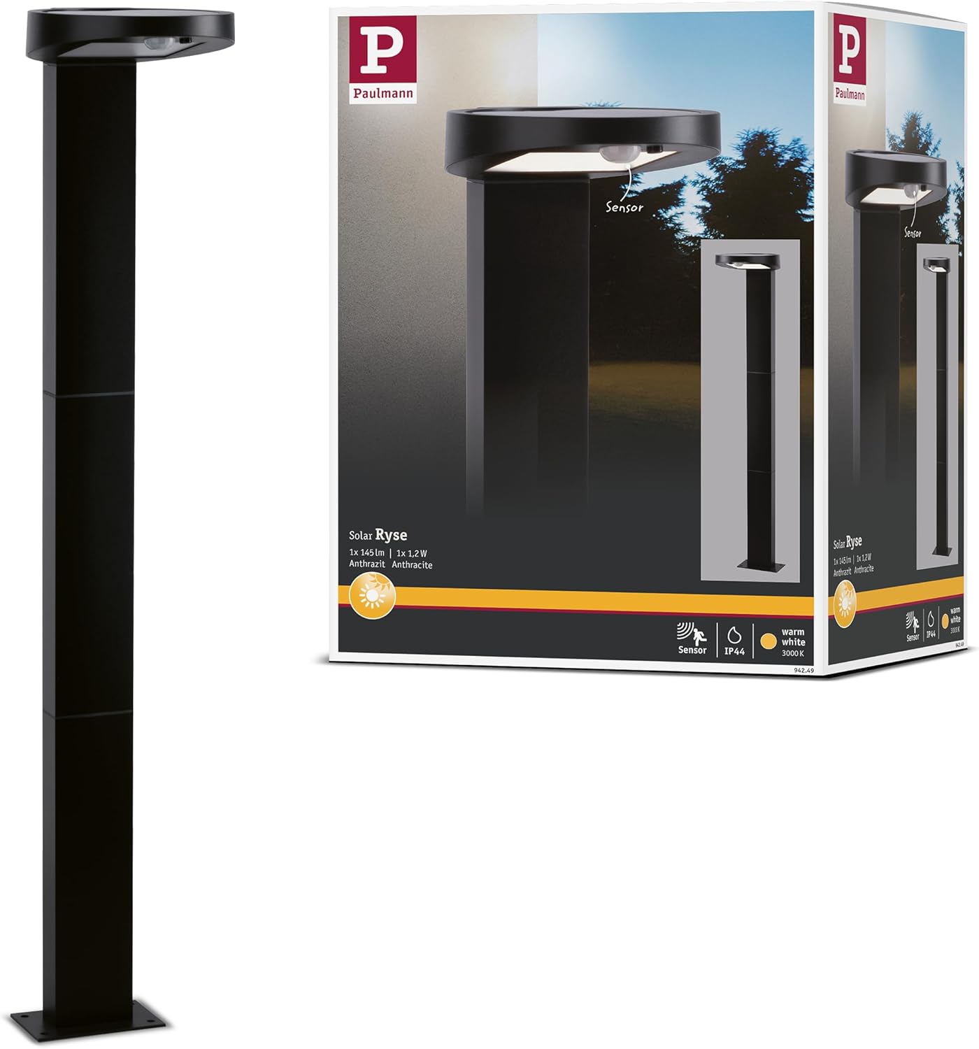 Paulmann 94249 Solar Pollerleuchte Ryse LED Außenleuchte incl. 1x1,2 Watt Anthrazit Kunststoff 3000 K Warmweiß