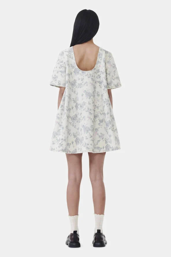 Ganni Print Denim Open Back Mini Dress Tofu