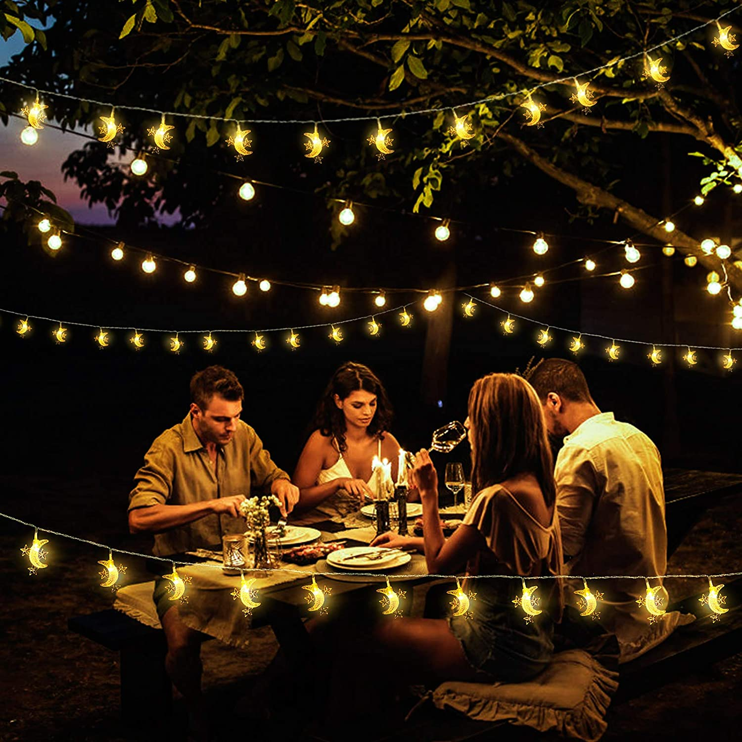 (3m) 20 LED's Ramadan Deko Lichterkette Halbmond / Stern Eid Mubarak Beleuchtung (Batteriebetrieben) - Warmweiss