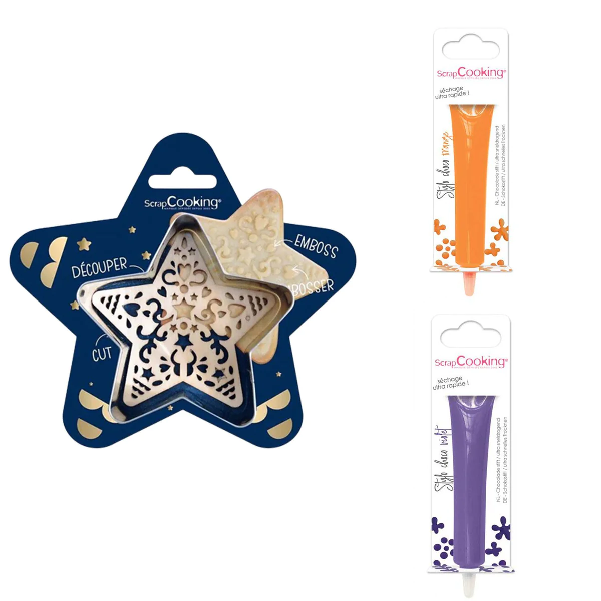 Kit pour biscuit en relief Étoile + 2 Stylos au chocolat orange et vio