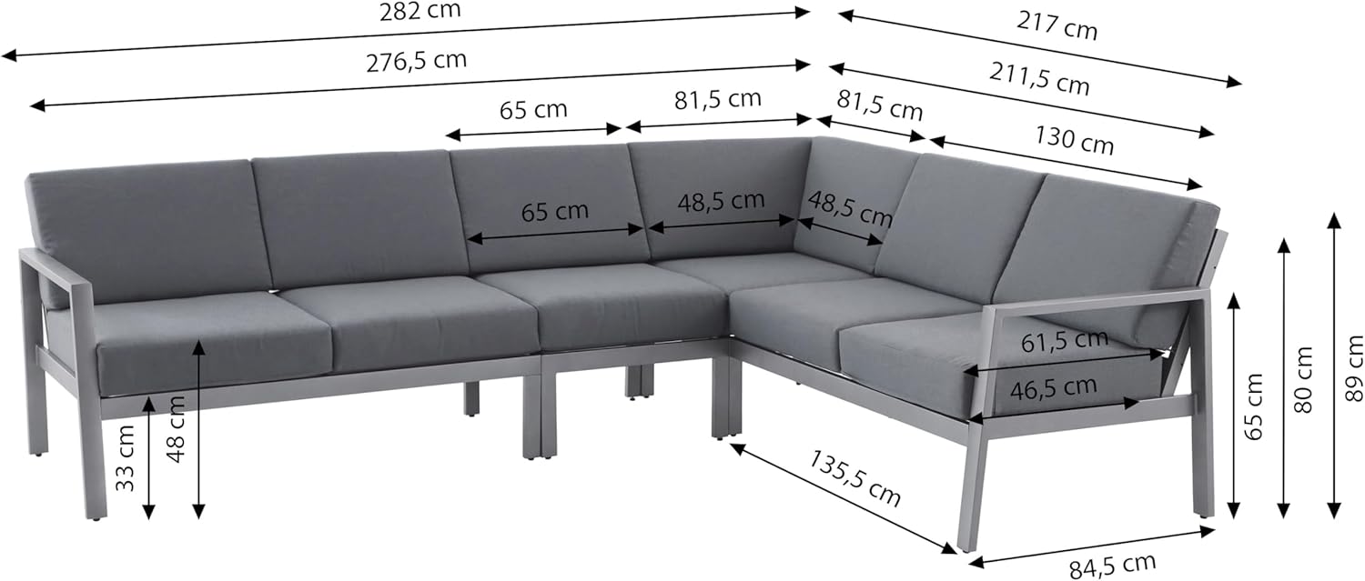 Dehner Garten-Lounge Chicago, variabel gestaltbare Ecklounge, 5 Sitzplätze, inkl. Polster, Sitzhöhe 45 cm, Aluminium/Polyester, grau