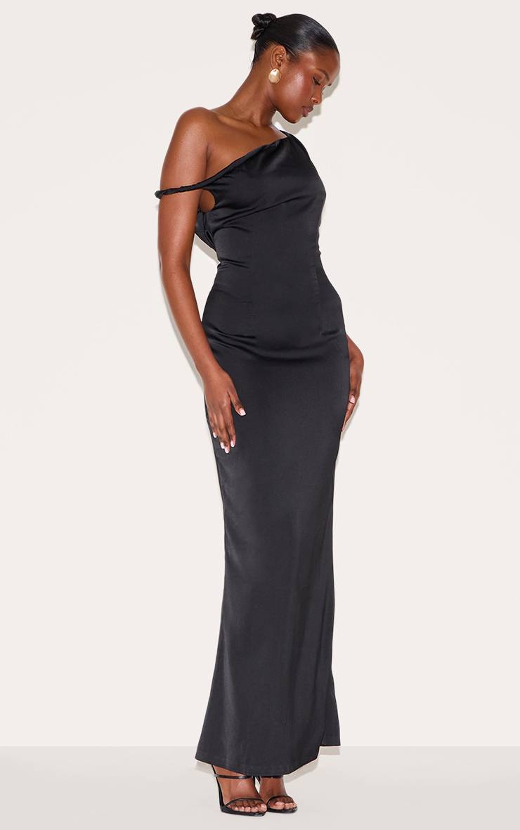 Noir Robe Longue Asymétrique En Satin Avec Col Bardot Torsadé