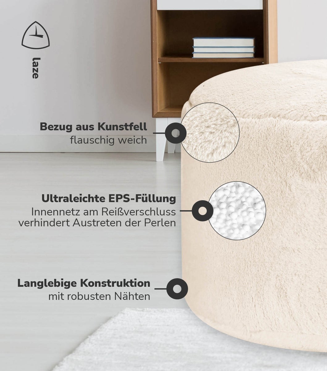 mokebo imitatiebont poef 'The Fluffy One', voetenbankje of zitpoef in beige