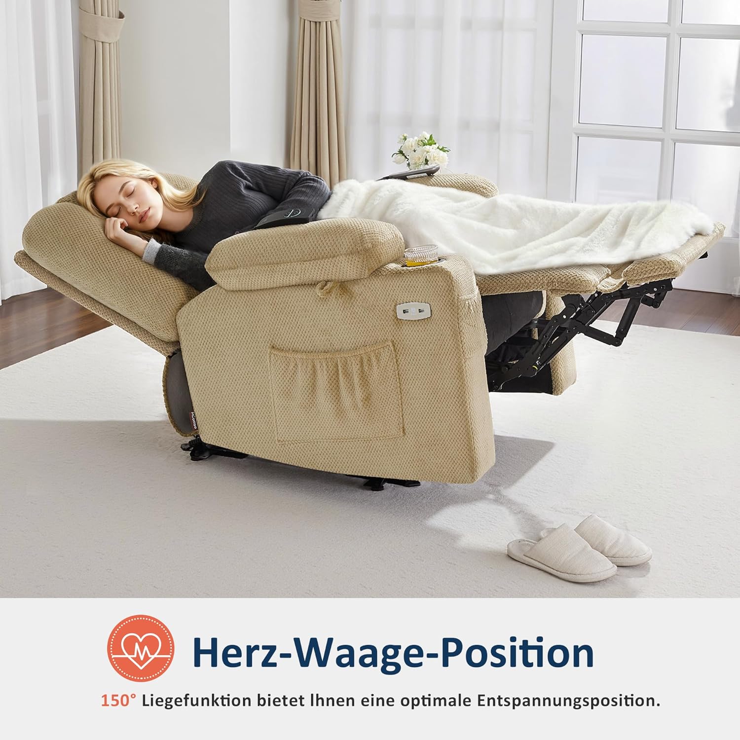 M MCombo Fernsehsessel elektrisch verstellbar, Relaxsessel mit Liegefunktion, TV Sessel mit Massage & Wärmefunktion, USB & Getränkehalter, 35D Vollschaum-Sitzkissen 7008 (Stoff, Beige)