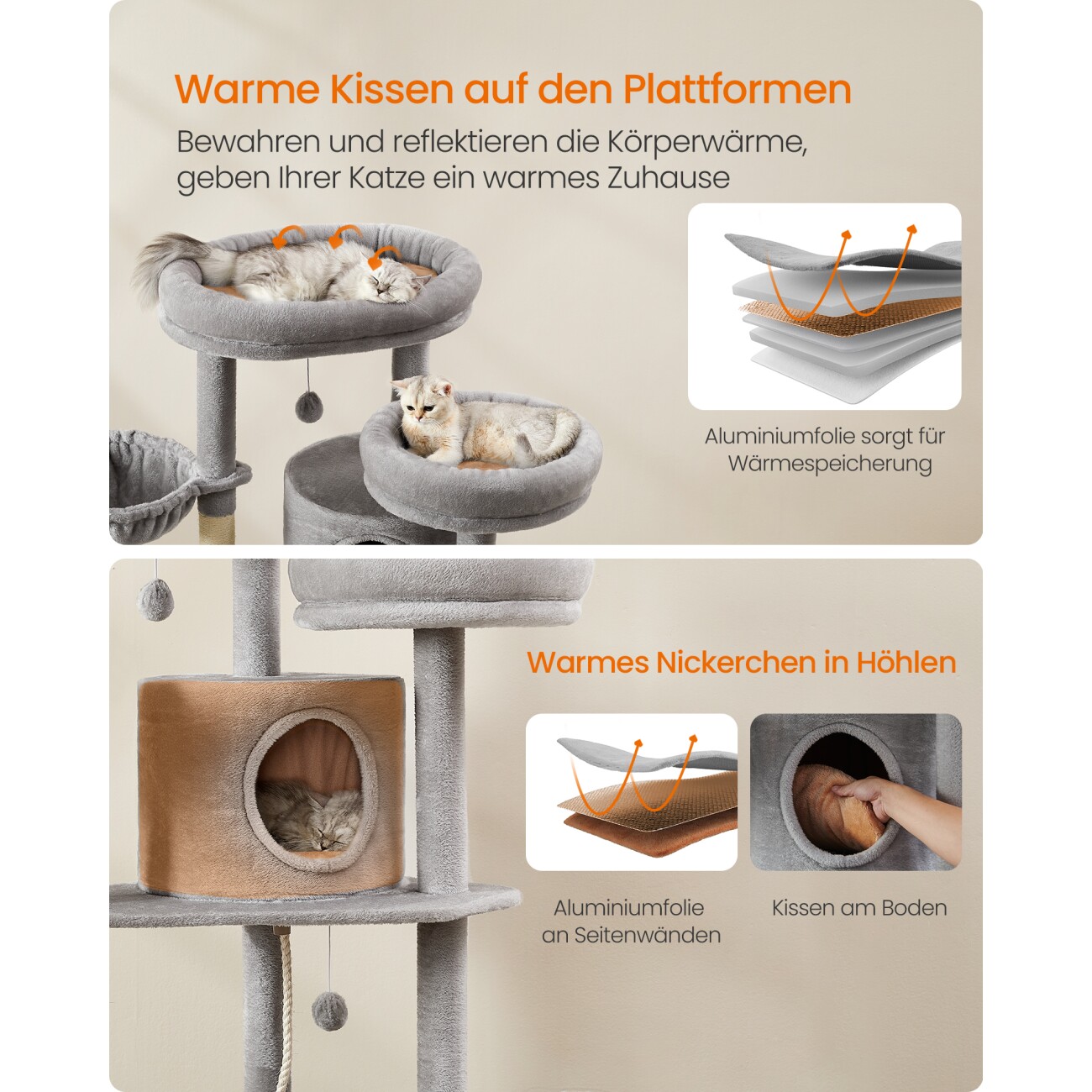 FEANDREA Kratzbaum 196cm mit Katzenturm warme Kissen