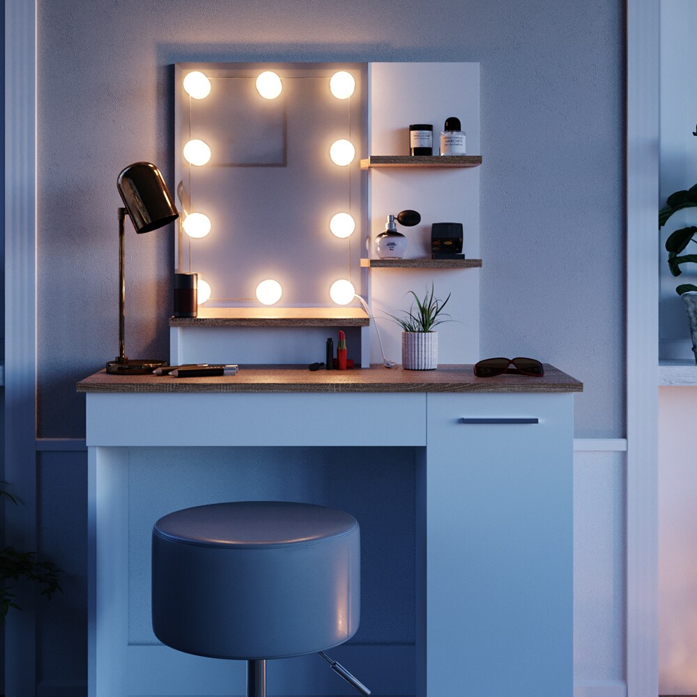 VICCO LED Schminktisch JULIA Frisiertisch Kommode Spiegel Weiß Eiche Hocker