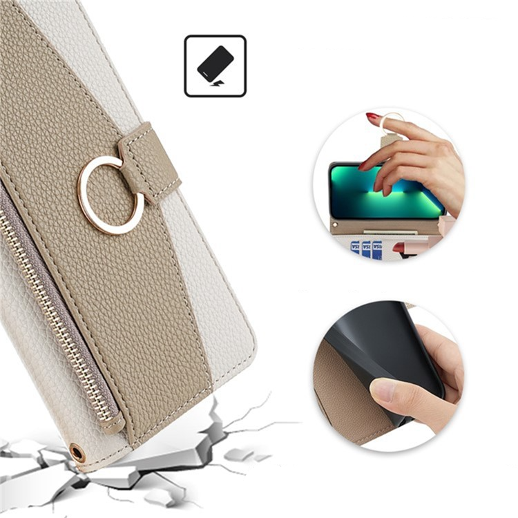 Samsung Galaxy Xcover 7 Necklace Leder Tasche Flip Cover mit Reissverschluss   Spiegel - Beige / Weiss