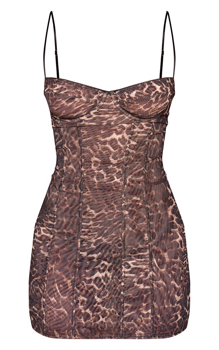 Marron Robe Corset Courte En Mesh Imprimé Léopard