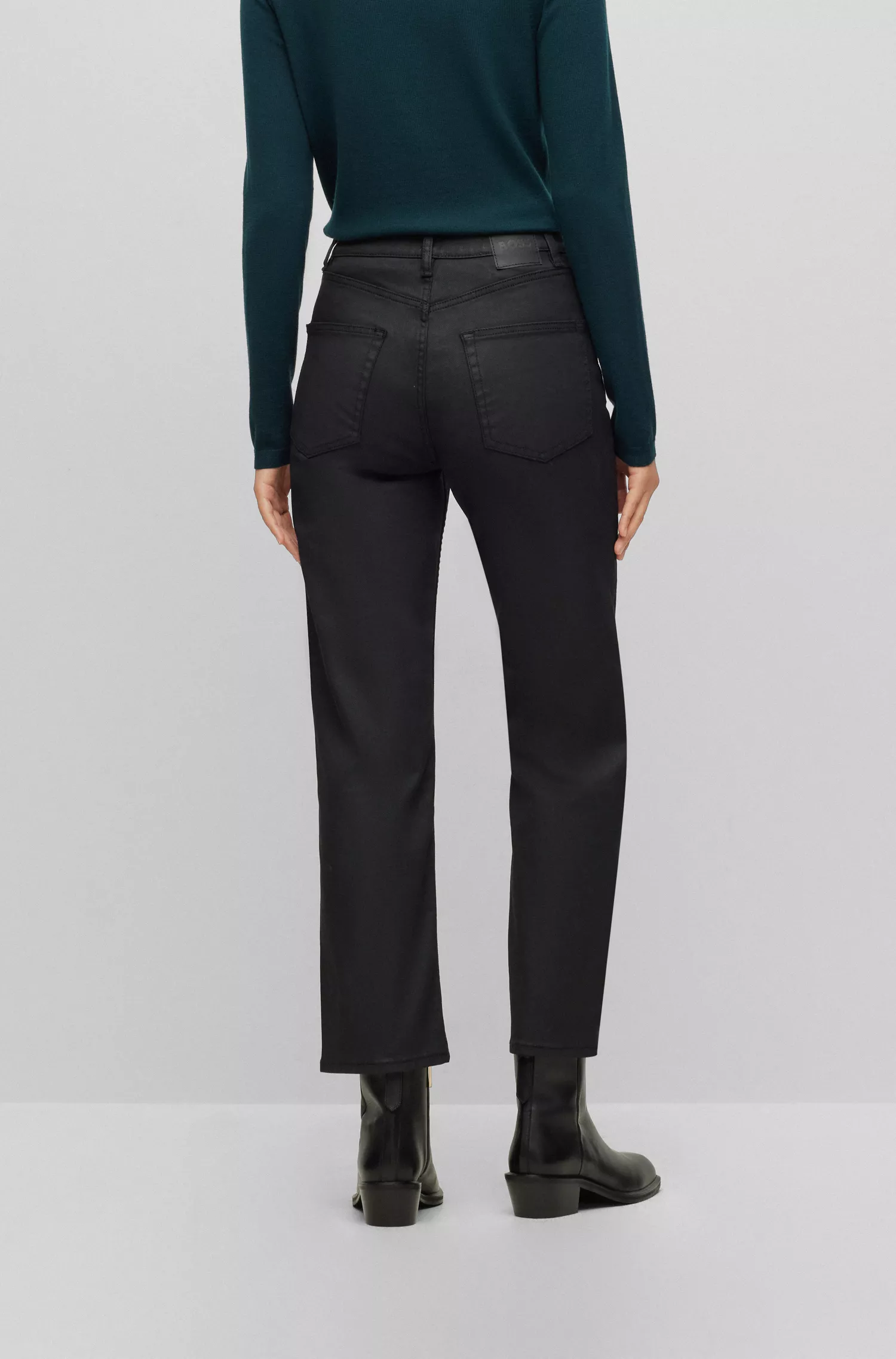 Calça jeans BOSS preta de cintura alta em denim revestido preto