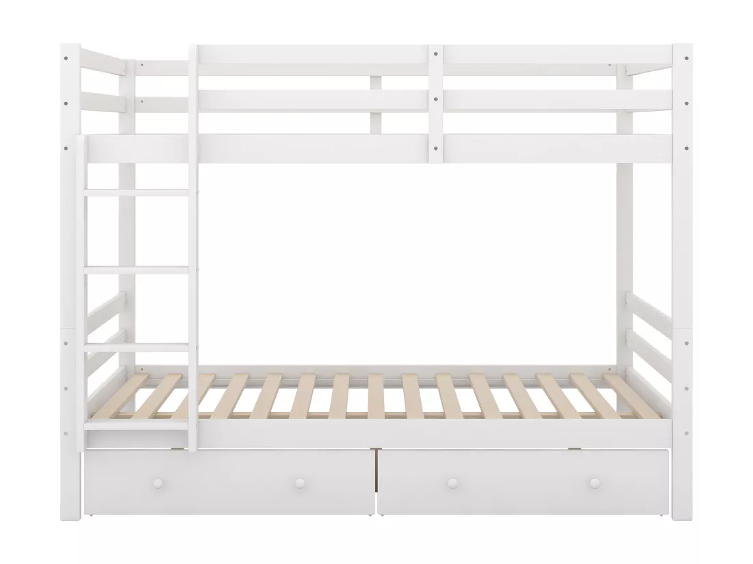Lit superposé 140x200cm, lit d'enfant avec 2 tiroirs, échelle, garde-corps hauts, blanc