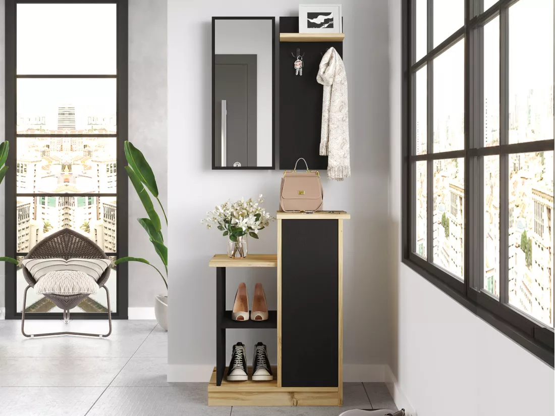 Vestiaire avec miroir et rangements - Anthracite et naturel - BAVALO