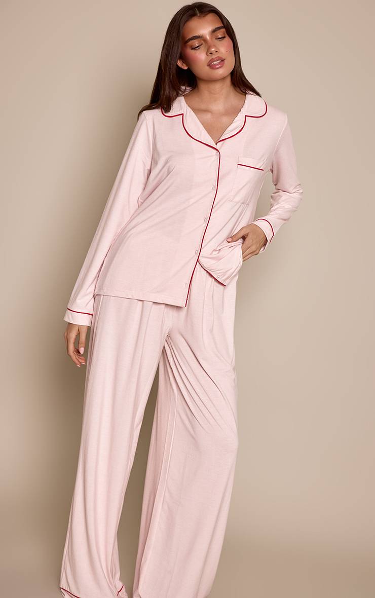 Rose Bébé Ensemble Pyjama En Jersey Doux Avec Passepoil Rouge À Manches Longues Et Pantalon