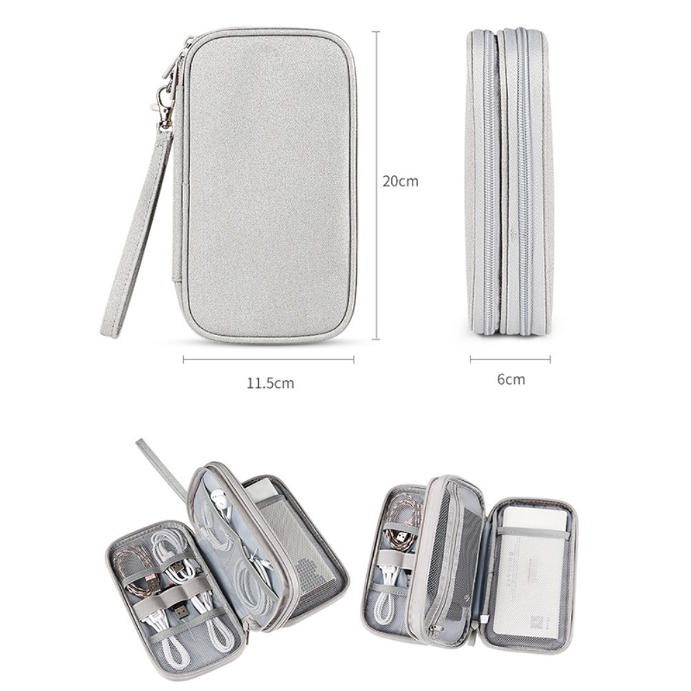 (20x11.5x6cm) Universal Stoff Tasche Reise Organizer für Smartphones / Ladekabel mit Doppel Reissverschluss (Grösse M) - Grau