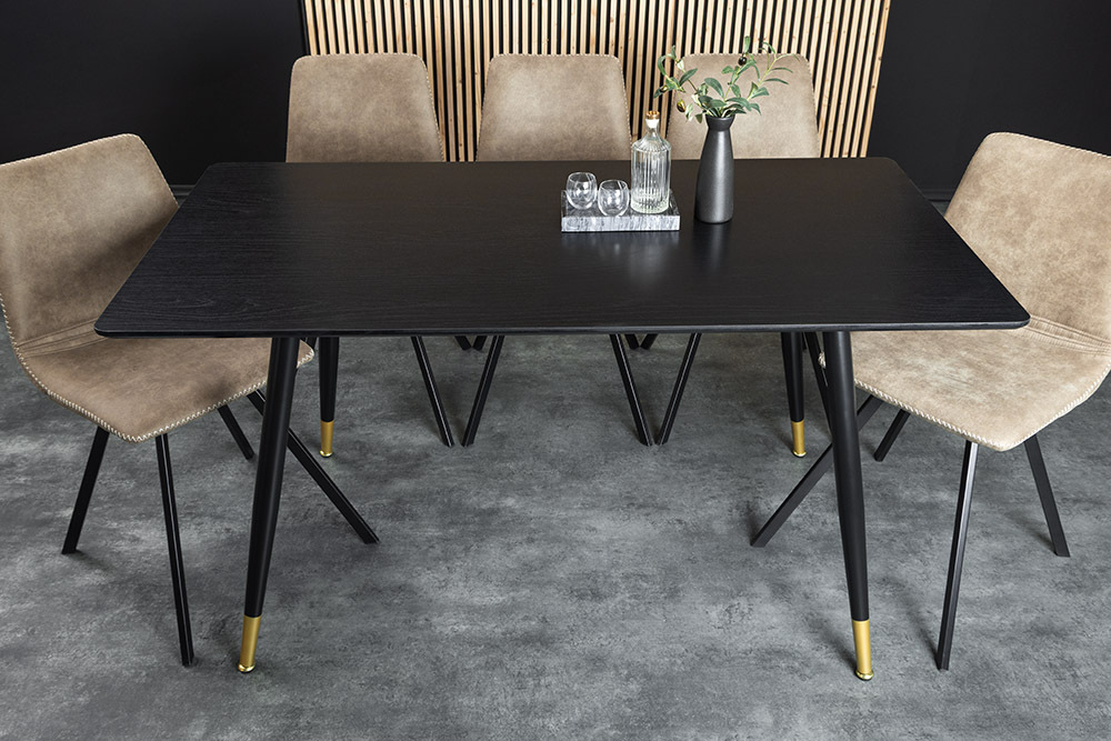 Design Esstisch PARIS 120cm schwarz Eichenholz mit goldenen Fußkappen