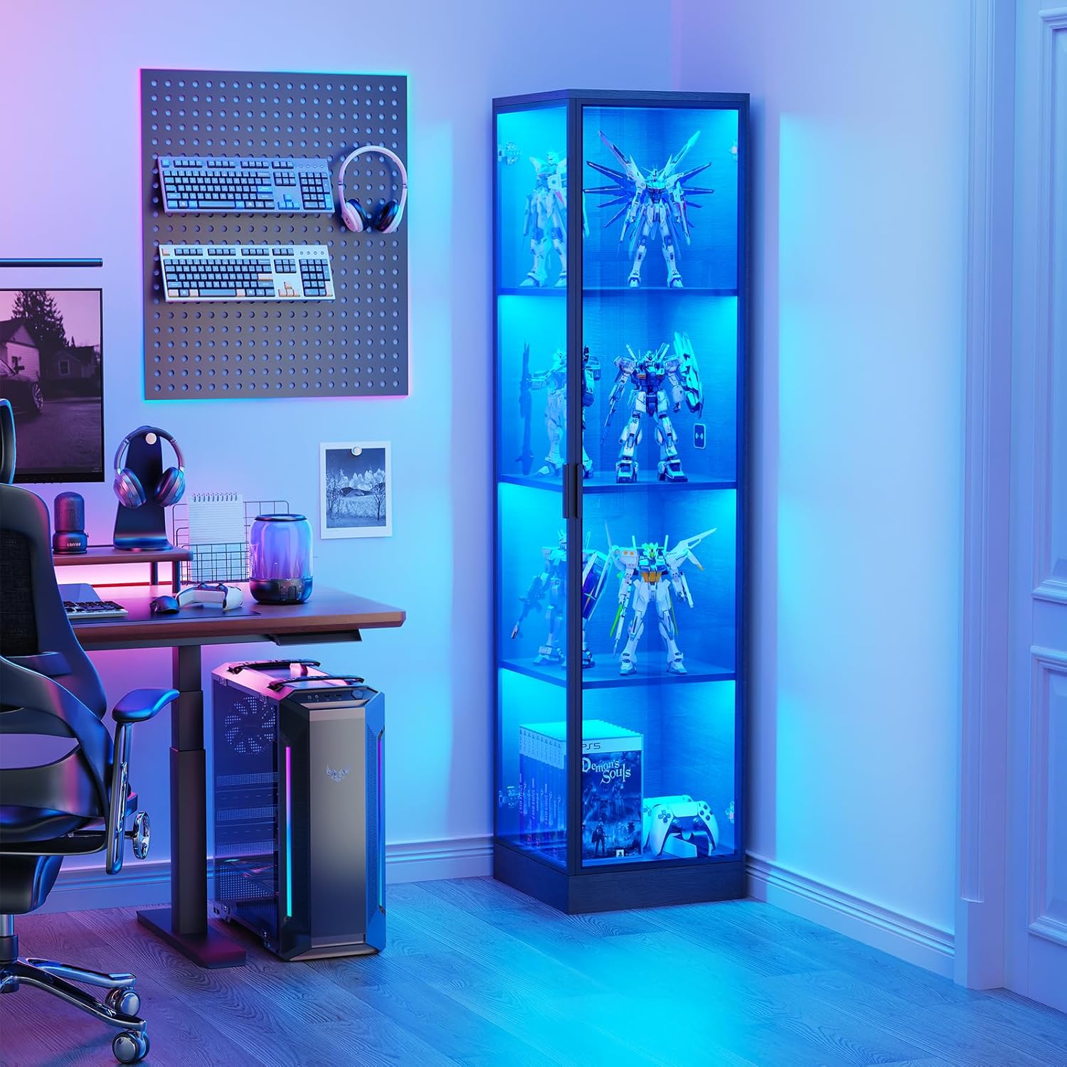Vitrine mit LED Beleuchtung, Acryl Vitrine mit Menschlicher Sensor, Regal mit türen für Sammlervitrine Und Wohnzimmer Schlafzimmer, Eckschrank Schwarz